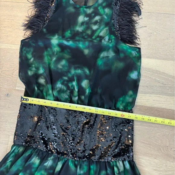 Zara Limited Combination Printed Maxi Dress Green Feather Sequin Evening  Med NWT